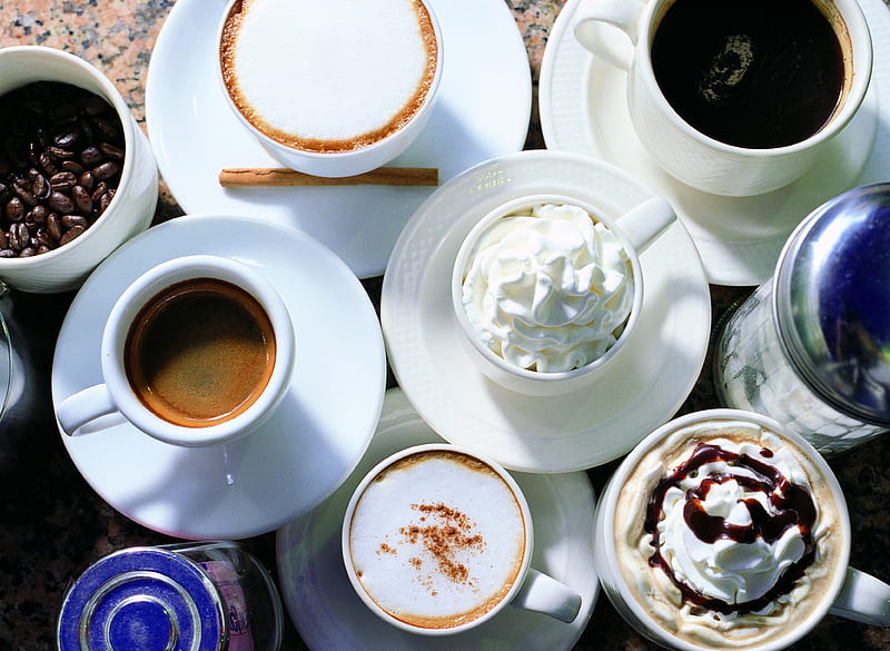Coffee for Everyone, table, coffee cups, drinks, sugar, cappuccino, coffee, cup, cups, cream, HD wallpaper