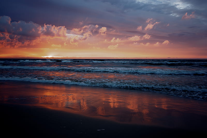 sunset, sea, horizon, beach, HD wallpaper