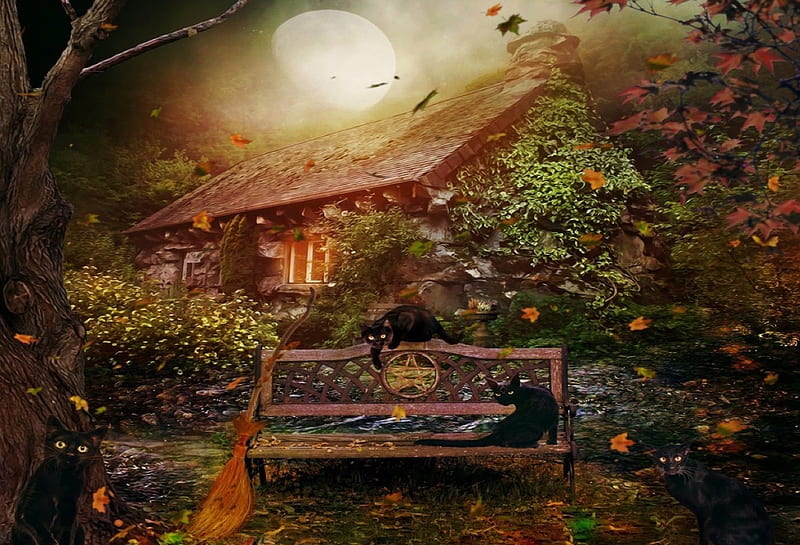 The Witches House, house, Cat, witch, Moon, halloween, bench, HD wallpaper