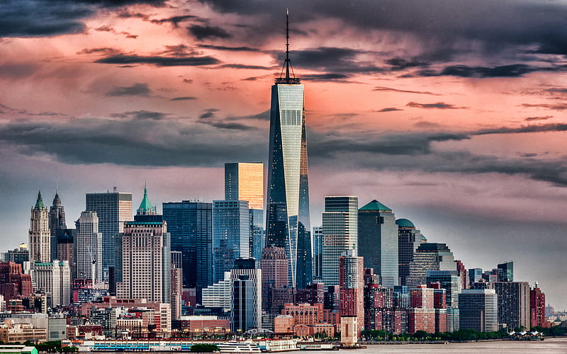 One World Trade Center, evening, sunset, New York City, One WTC, cityscape, modern buildings, New York, USA, HD wallpaper