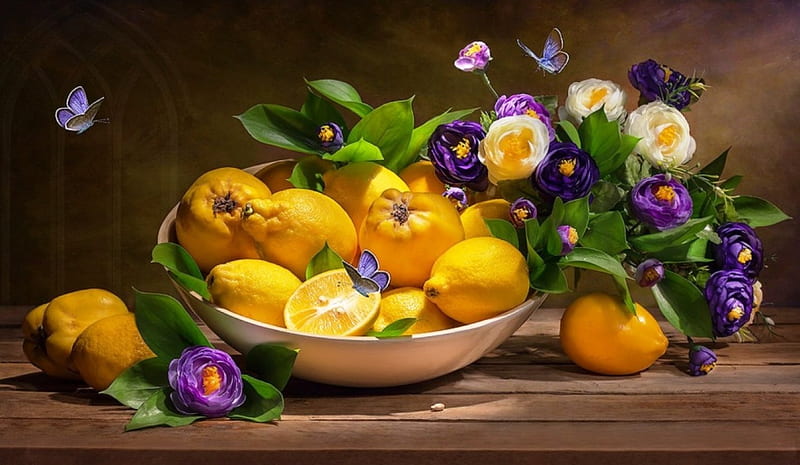 Flowers and lemons, colorful, fruits, yellow, butterflies, still life, graphy, green, purple, taste, basket, flowers, nature, petals, lemons, pink, natural, HD wallpaper