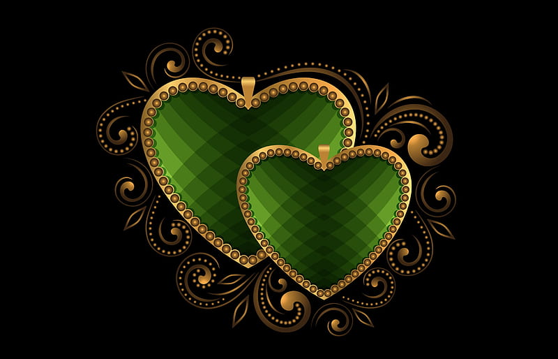 Luxury Hearts, metal, gold, green, love, corazones, luxury, HD wallpaper