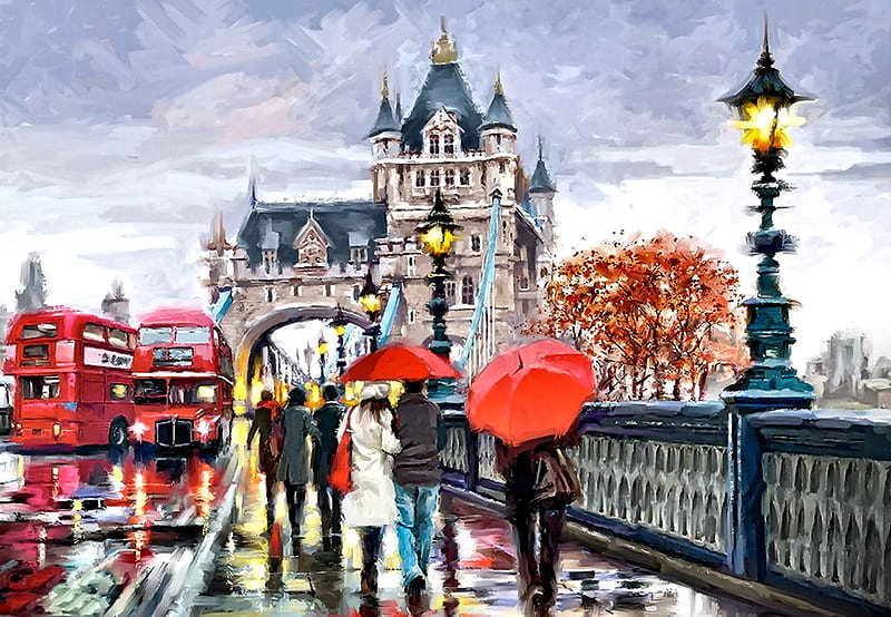 Tower Bridge F, architecture, art, London, cityscape, umbrella, bonito, artwork, England, bridge, painting, wide screen, scenery, HD wallpaper