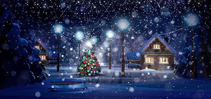 1080P free download | Winter Night, stars, Christmas tree, lantern ...