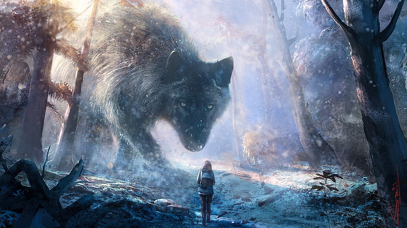 The wolf, fantasy, girl, suresh pydikondala, lup, wolf, winter, iarna, forest, giant, luminos, HD wallpaper