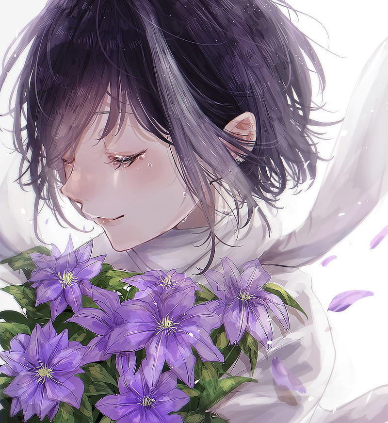 Girl, flowers, tears, sad, anime, art, HD phone wallpaper | Peakpx
