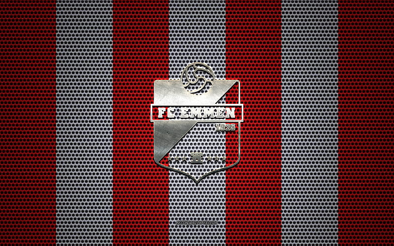 FC Emmen logo, Dutch football club, metal emblem, red and white metal mesh background, FC Emmen, Eredivisie, Emmen, Netherlands, football, HD wallpaper