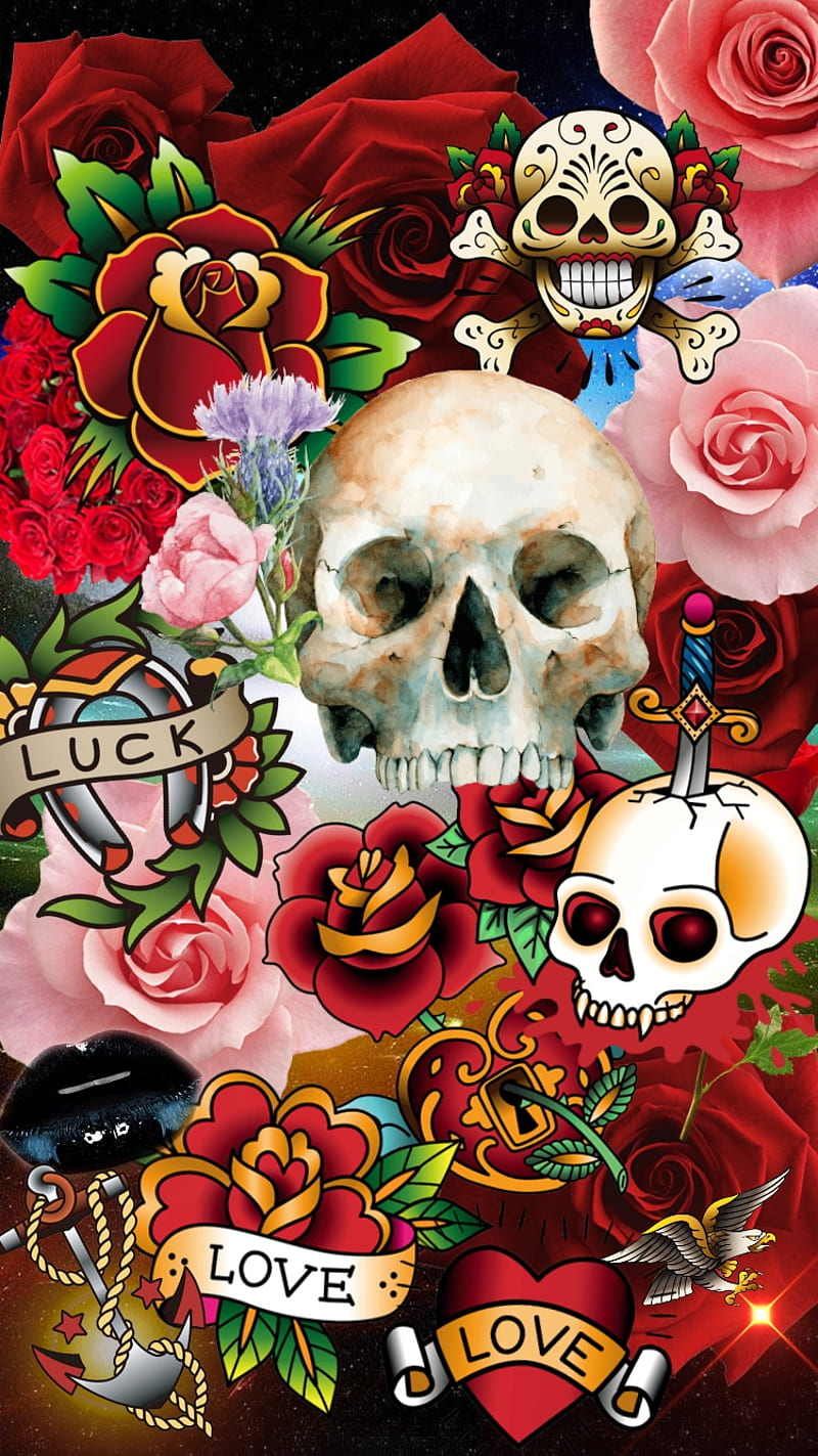 Lucky You, sugar, skull, flowers, roses, flower, luck, horseshoes, red, pink, colorful, HD phone wallpaper
