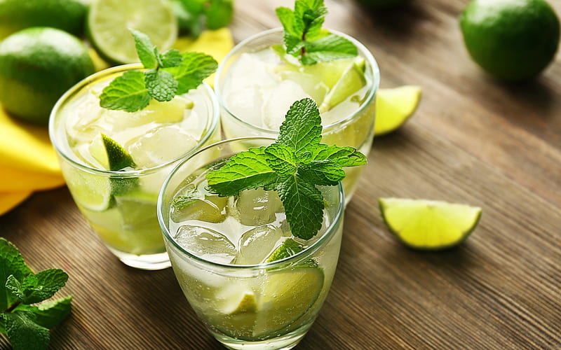 mojitos, mint drinks, mojito glasses, summer cocktails, mint, lime, HD wallpaper