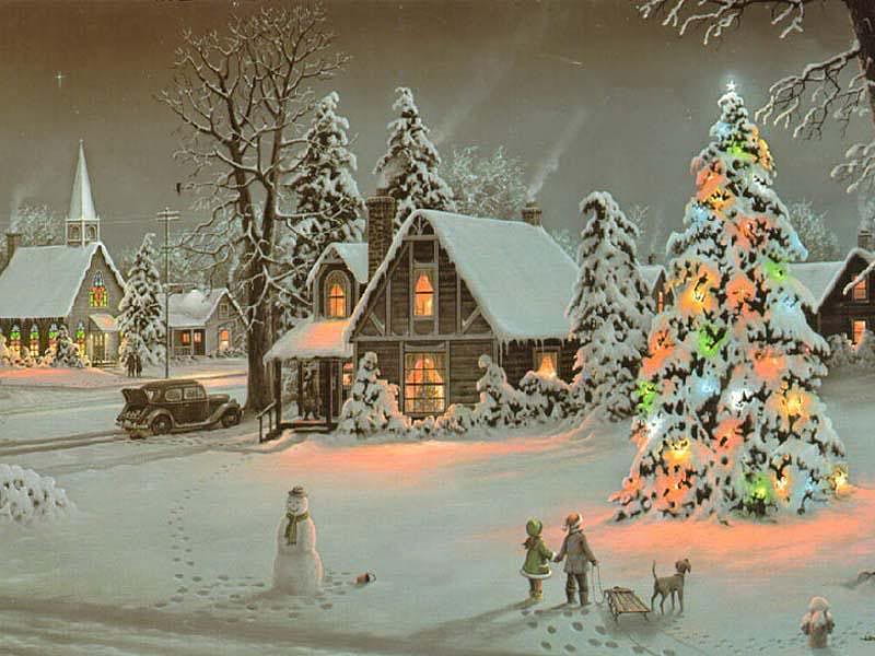 A Snowy Village Christmas, painting, village, christmas tree, snow, HD wallpaper