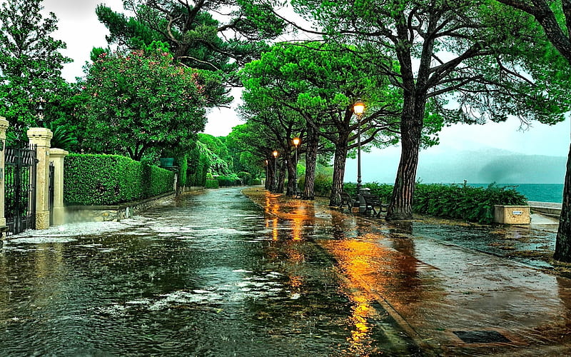 Maderno, park, rain, summer, walkway, Italy, HD wallpaper