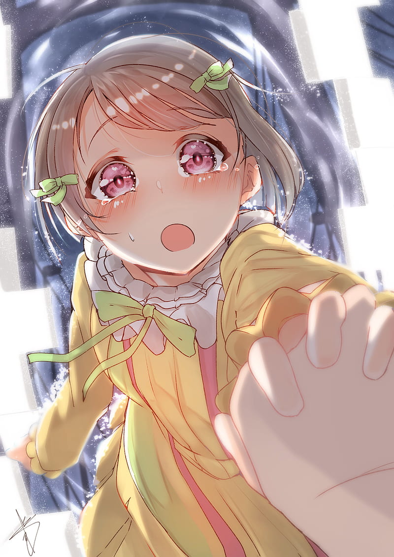 love live, nakasu kasumi, hands, teary eyes, yellow dress, Anime, HD phone wallpaper
