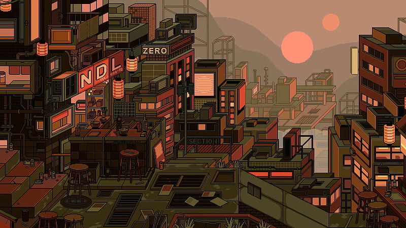 pixelated mini-dump  Pixel city, Pixel art background, Desktop wallpaper  art