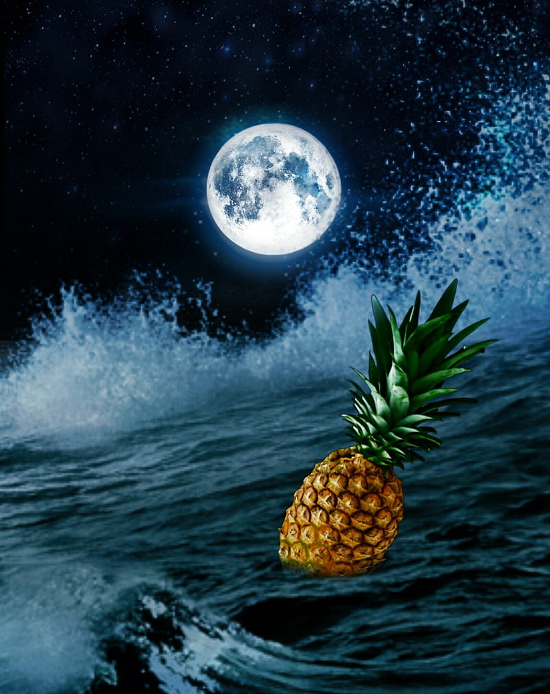 Escape pineapple, dark, float, fruit, moon, ocean, sky, sponge, water, waves, HD phone wallpaper