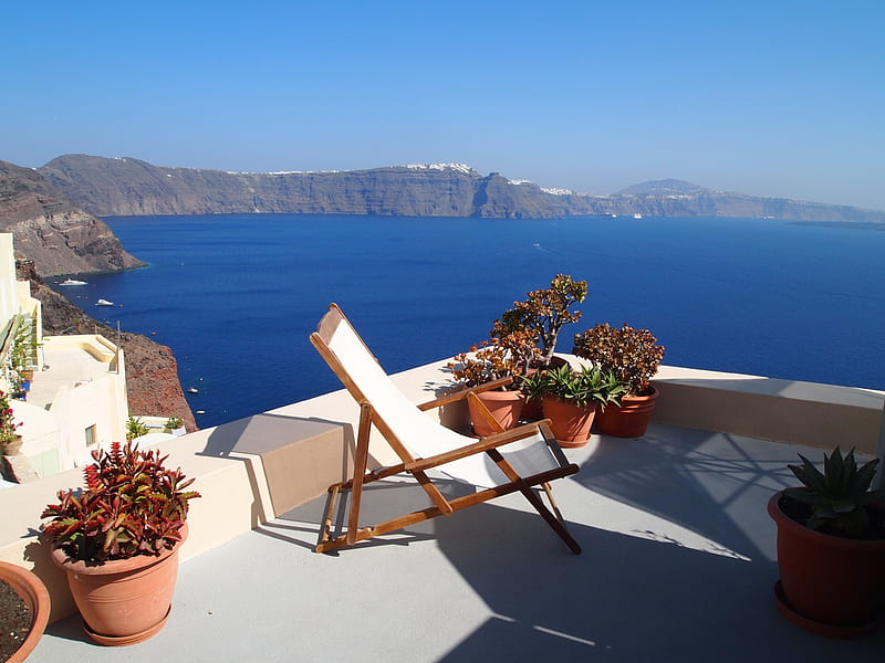 Sunny Santorini, Greece, Roof top, Lounge Chair, Santorini, HD wallpaper