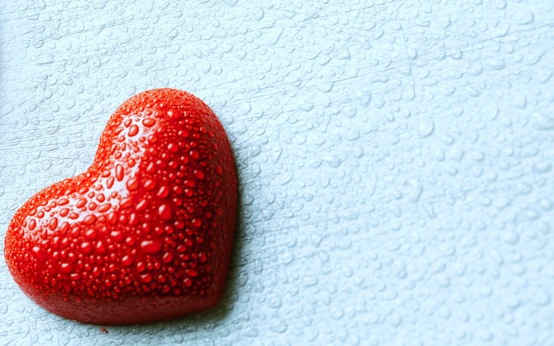 red 3D heart, water drops, love concepts, creative, blue backgrounds, corazones, HD wallpaper