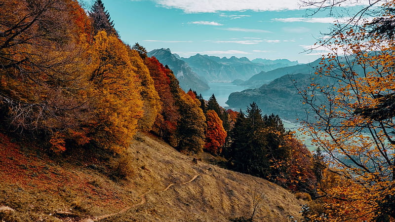 Autumn in Glarus, Switzerland, fall, clouds, trees, colors, sky, mountains, alps, lake, HD wallpaper