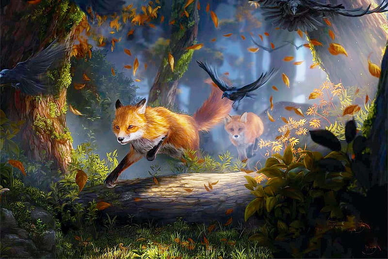 Foxes Running Through The Woods, forest, pathway, woods, painting, running, nature, Foxes, animals, HD wallpaper