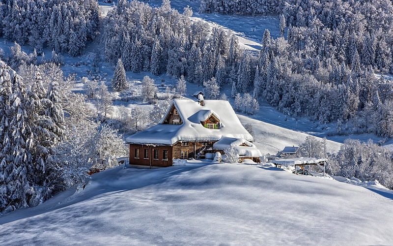 Winter in Switzerland, Alps, hoarfrost, snow, mountains, cabin, Switzerland,  HD wallpaper | Peakpx