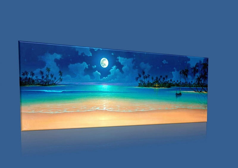 night lights, moon, foreshore, ocean lights, night, palms, HD wallpaper