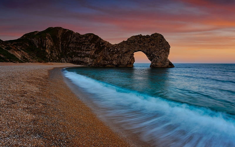 Durdle Door, coast, beach, English Channel sunset, cliffs, Dorset, England, UK, HD wallpaper