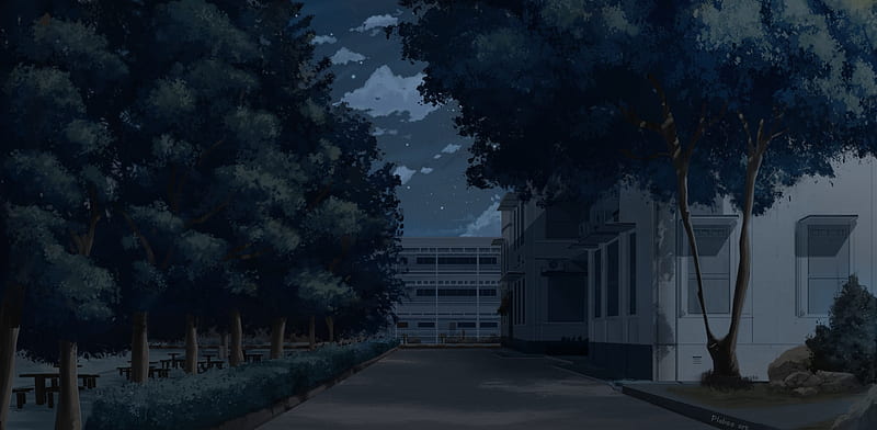 Anime night, building, trees, scenery, school background, Anime, HD  wallpaper | Peakpx