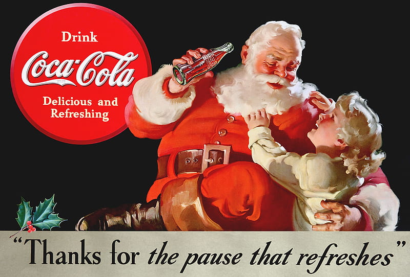 Santa, red, craciun, bottle, man, add, girl, copil, child, coca cola, commercial, HD wallpaper