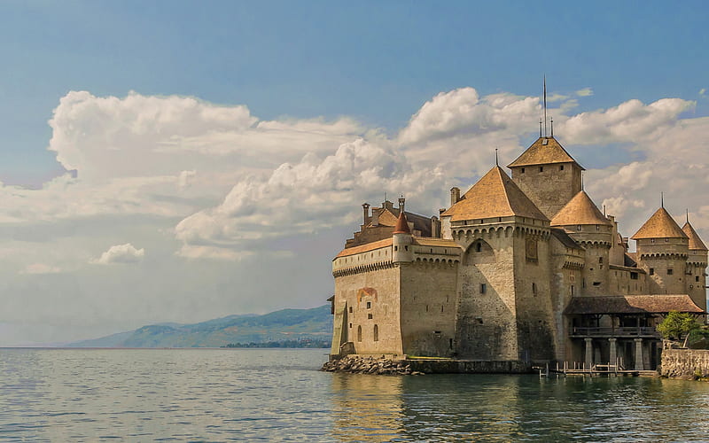 Chillon Castle, Lake Geneva, Chateau de Chillon, old castle, fortress on the island, Switzerland, Veytaux, HD wallpaper