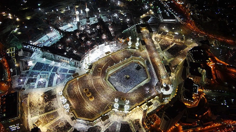 Aerial View Of Mecca During Nighttime With Lights Ramzan, HD wallpaper