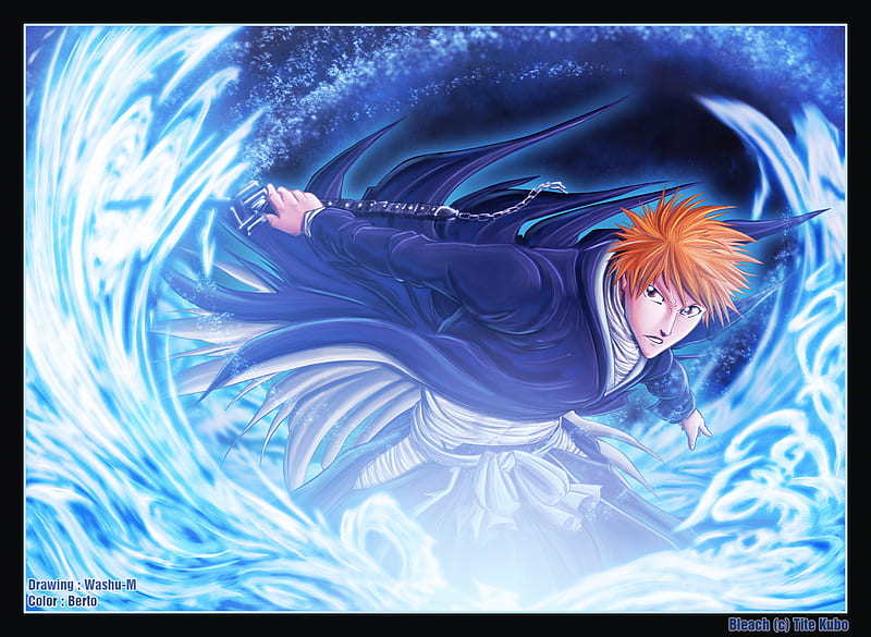 Kurosaki Ichigo, bleach, ichigo, ichigo kurosaki, weapons, short hair, anime, orange hair, sword, blue, HD wallpaper