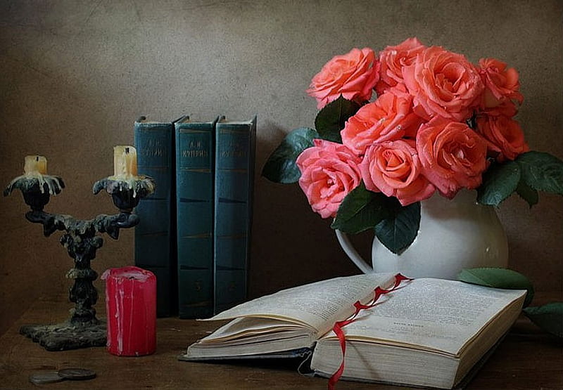 still life, pretty, rose, books, book, pot, bonito, coins, old, candlestick, graphy, nice, elegance, flowers, beauty, harmony, lovely, roses, candles, cool, bouquet, flower, HD wallpaper