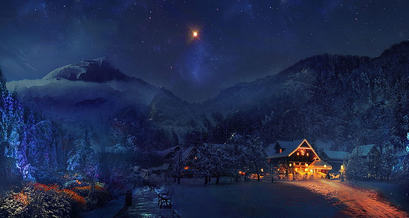 Winter Night, moon, snow, mountains, village, lights, HD wallpaper