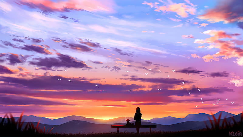 Sitting With Dog On Bench Looking At Sunset, anime-girl, anime, artist,  artwork, HD wallpaper | Peakpx