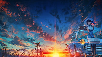 School Girls Anime Flying Night Sky Sunset 4K Wallpaper #6.2587