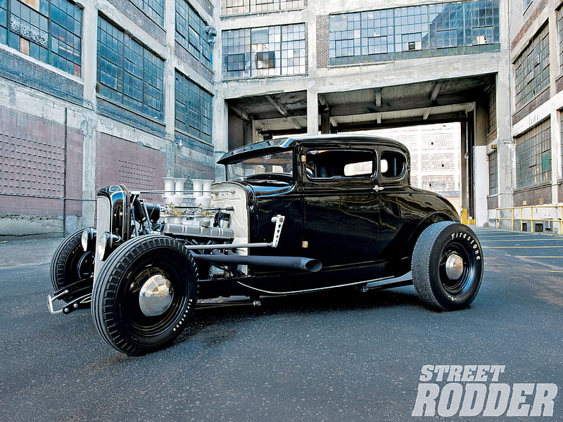 Ford Coupe, black, hot rod, pipes, ford, HD wallpaper