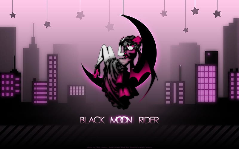 Black Moon Rider, stars, wings, buildings, black, bonito, bow, cute, demon, moon, city, rider, purple, beauty, anime girl, pink, HD wallpaper