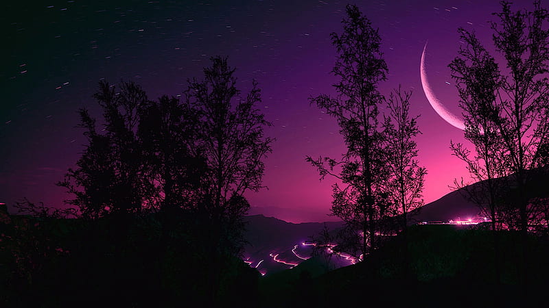 Purple Moon, Firefox theme, stars, moon, purple, trees, sky, pink, lights, HD wallpaper