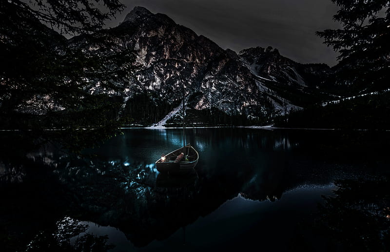 Norway, boat, lake, lantern, light, natural, night, scandinavia, water, winter, HD wallpaper