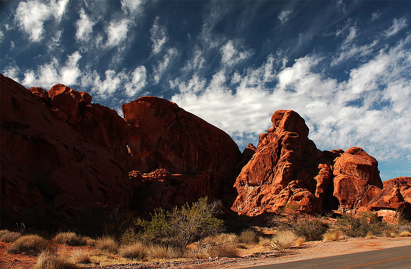 Valley of Fire II, red, rocks, desert, nature, road, HD wallpaper