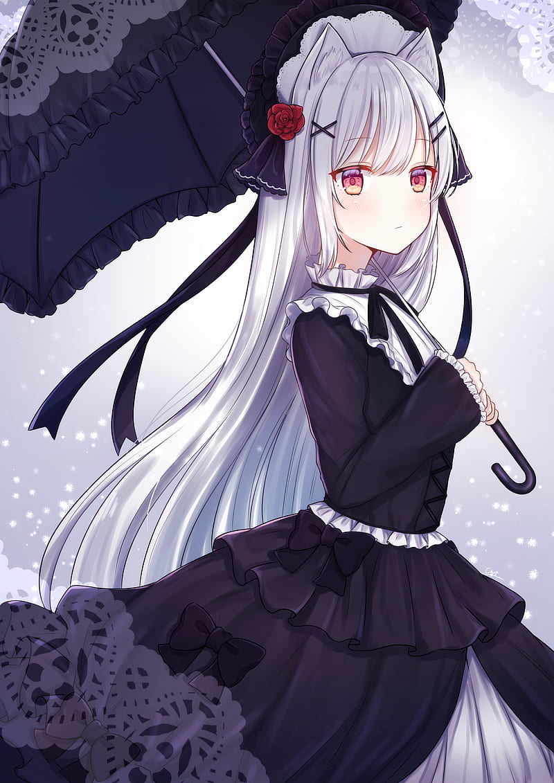 anime girl, gothic, white dress, umbrella, lolita fashion, Anime, HD phone wallpaper