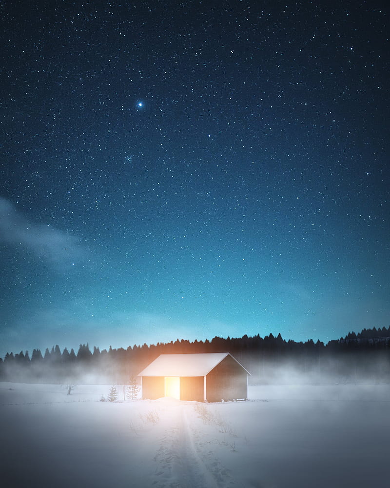 brown wooden house on snow covered ground under starry night, HD phone wallpaper