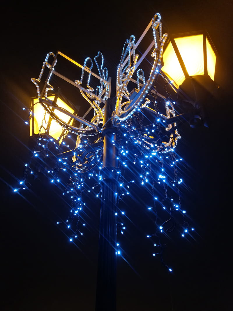 night, light bulb, lantern, blue, street, winter, Christmas, HD phone wallpaper