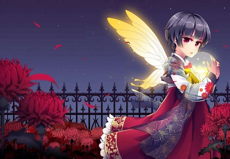 Night Butterfly, glow, wing, floral, blossom, ball, anime, hot, anime girl, light, fairy, night, globe, female, wings, sexy, short hair, cute, girl, flower, crystal, petals, red eyes, HD wallpaper