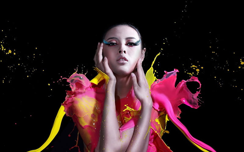 Girl, liquid, model, paint, black, yellow, woman, make-up, asian, pink, HD wallpaper