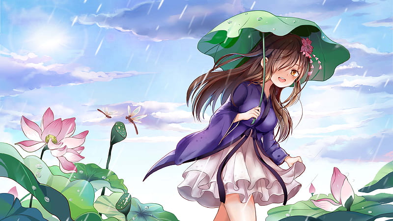 :), umbrella, rain, mirror, parasol, leaf, lotus, manga, girl, green, anime, flower, pink, HD wallpaper