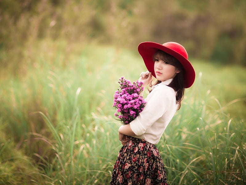 Asian beauty, model, flowers, fields, woman, Asian, hat, HD wallpaper ...