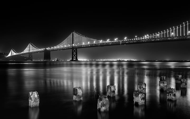 Golden Gate Bridge, monochrome, nightscape, San Francisco, California, USA, America, HD wallpaper