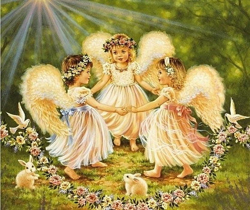 DANCE WITH THE ANGELS, little girl, garden, danse, angels, HD wallpaper