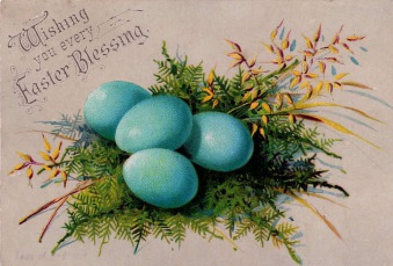 Wishing You Every Easter Blessings, nest, eggs, postcard, artwork, vintage, HD wallpaper