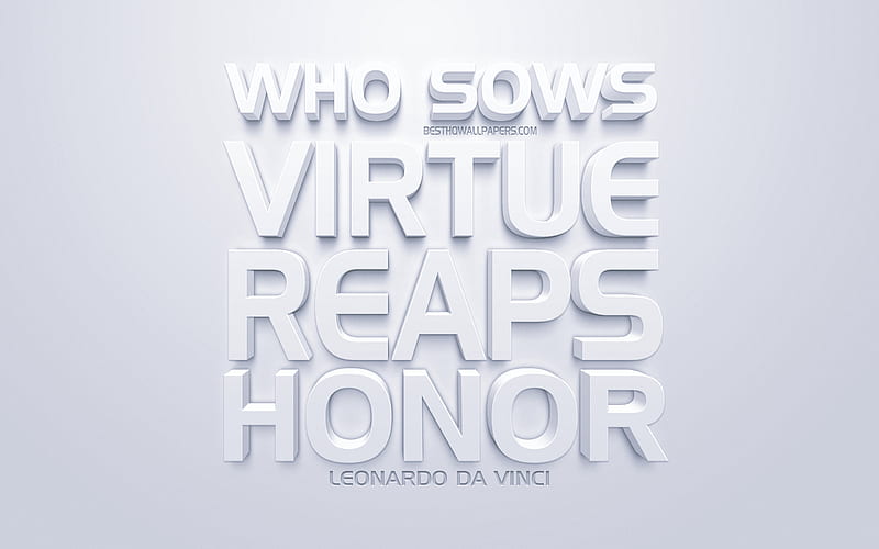 Who sows virtue reaps honor, Leonardo da Vinci quotes, white 3d art, popular quotes, inspiration, white background, motivation, HD wallpaper